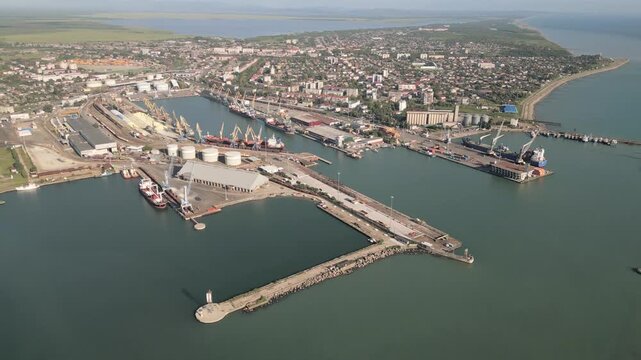 Aerial panorama Poti cityscape, black sea port, residential blocks, mixed uses, roads and parks, waterfront real estate, summer daylight panorama
