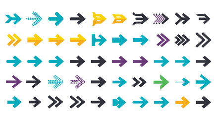 Collection of various colored and styled arrows, arranged in rows.