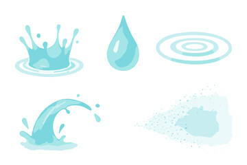 Collection of diverse blue water elements featuring dynamic splashes, a single droplet, concentric ripples, and fine spray