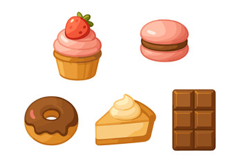 Collection of various sweet desserts and baked goods featuring a strawberry cupcake chocolate donut macaron cheesecake slice and chocolate bar