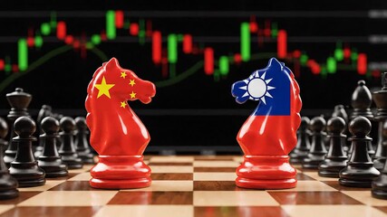 China versus Taiwan Strategic Conflict on a Chessboard with Stock Market Data. - Powered by Adobe