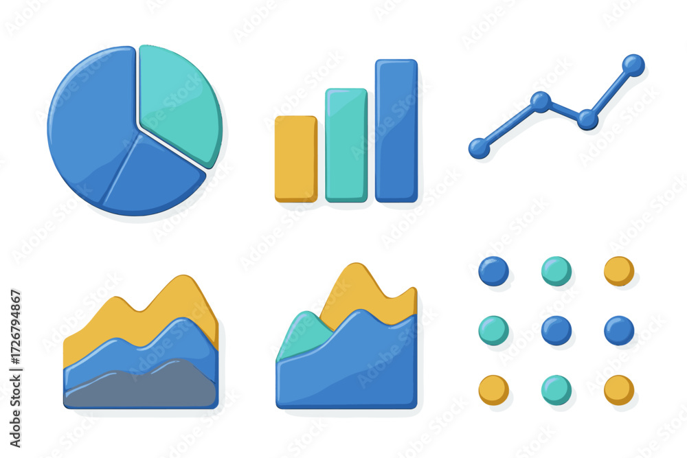 Poster collection of colorful three dimensional data visualization charts and graphs for business analytics