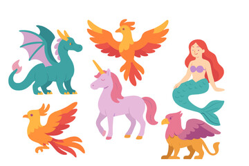 Vibrant collection of mythical creatures: dragon, phoenix, unicorn, mermaid, and griffin on white background
