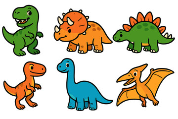 Adorable cartoon dinosaur characters including T-Rex, Triceratops, Stegosaurus, Brontosaurus, and Pterodactyl