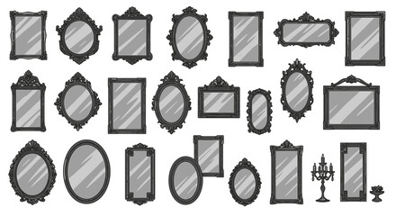 Collection of ornate and decorative mirrors with various shapes and frame designs, arranged in rows.
