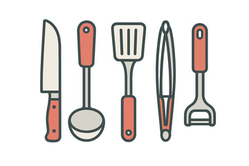Assortment of essential kitchen cooking utensils and tools including knife, ladle, spatula, tongs, and peeler