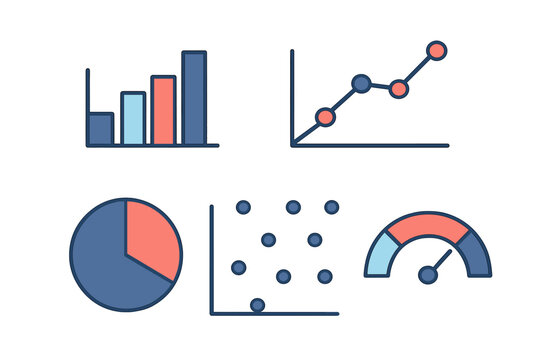 Essential data visualization charts and graphs including bar, line, pie, and scatter plots for business analysis