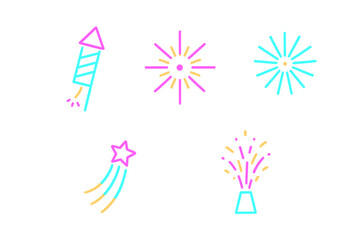 Assortment of neon-colored celebration icons featuring fireworks, a rocket, a shooting star, and a confetti popper