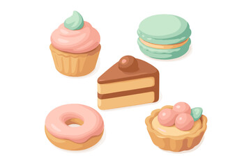 Collection of various sweet pastries and desserts including cupcakes, macarons, donuts, cake slices, and tarts with colorful toppings