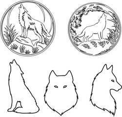 Modern howling wolf outline vector icon pack in multiple styles, ideal for nature logos, adventure graphics, and tattoo artwork.
