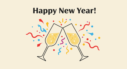 Champagne glasses clinking with colorful confetti for New Year celebration  