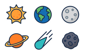 Diverse collection of solar system elements and celestial objects including planets, sun, moon, comet, and asteroid