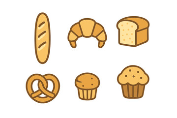 Assortment of breakfast and snack bakery items including baguette, croissant, loaf, pretzel, and muffins