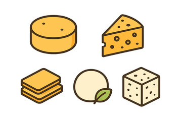 Collection of cheese products in various shapes and forms including wheel, wedge, slices, ball, and cube