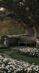 A peaceful garden scene with a large, ancient tree, a stone pathway, and a wooden bench surrounded by blooming white flowers.