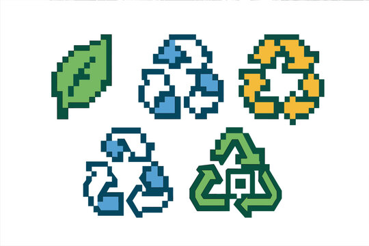 Pixel art recycling symbols and a green leaf for environmental sustainability and eco-friendly concepts