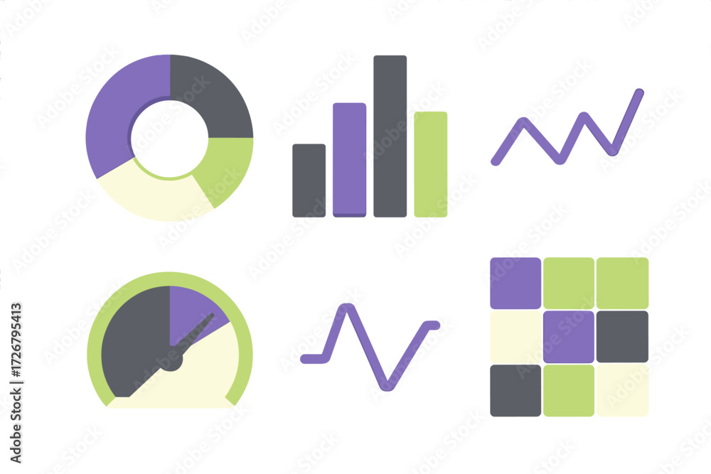 Poster diverse set of modern business data visualization elements including pie charts bar graphs and line 