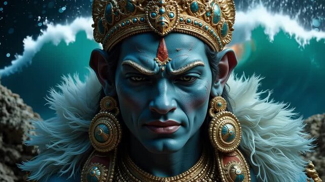 Lord Kalabhairava's divine face against an infinite cosmic ocean, a stunning 4k video of otherworldly power and spiritual beauty