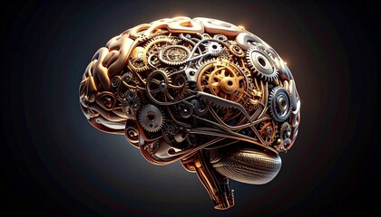 Human brain fused with mechanical gears, symbolizing cognitive machinery and the intersection of biology and technology.