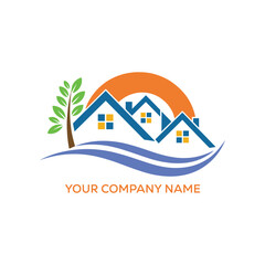 Obraz premium Real Estate Logo Design with House Roof, Tree, Wave, and Sunrise Icon