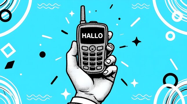 Hand drawn illustration of a hand holding a vintage mobile phone with the german word hallo on the screen, isolated on a blue background
