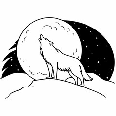 Minimilist a lone wolf howling at the moon under a starry night standing on a hill silhouette illustration vector