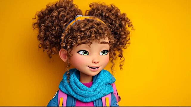A young girl with curly hair wears a headband and a blue scarf against a bright yellow background. Her curly hair and headband complement the blue scarf and vibrant scene.