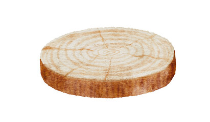A digital watercolor illustration of a rustic wooden log slice with visible grain, perfect for natural and rustic design backgrounds or elements.