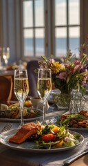 Elegant dinner setting by large windows, champagne glasses, salmon, salad