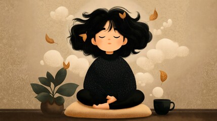 Calm seated woman meditating with coffee and potted plant in warm neutral tones and soft lighting for mindfulness blog header or wellness social media graphic