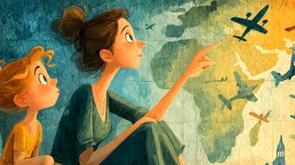 Painterly illustration of a mother and child selecting airplane destinations on a world map in muted teal and earth tones for travel education posters