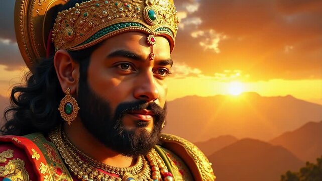 Lord Kubera's close-up face view against a vast, infinite horizon with ethereal light, 4k video footage perfect for spiritual content.