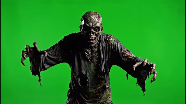 Terrifying zombie creature menacingly approaching on green screen backdrop with chilling horror movie realism for thrilling Halloween content