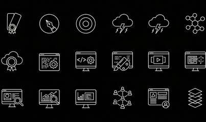 Collection of white outline icons on a black background.