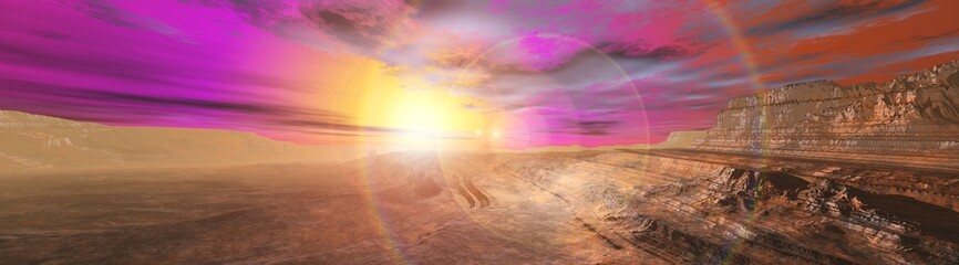 Alien panorama, Mars, surface of Mars, Mars at sunset, 3D rendering