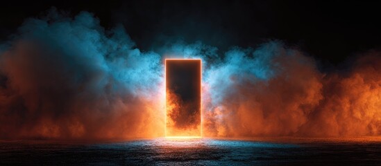 Dark scene with glowing portal framed by colorful smoke