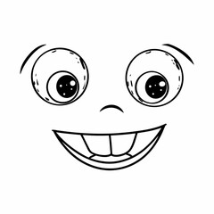 Minimilist cartoonish face with large eyes and a wide smile rendered in black and white line art style illustration vector