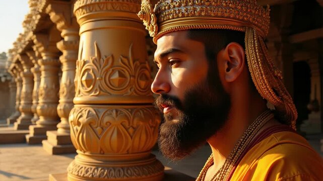 Stunning close-up of Lord Kubera's face, a divine figure, rendered in vibrant detail against a sunlit temple backdrop, 4k video footage.