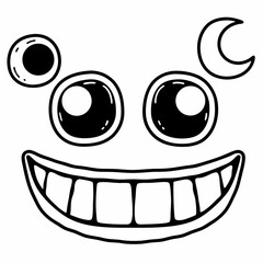 Minimilist cartoonish face with big eyes and a wide toothy grin and moon and circle shapes on top corners vector