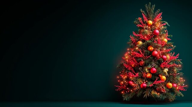 A video shows a Christmas tree decorated with golden, red, and green ornaments, adorned with glowing lights, standing on a flat green surface against an empty background, evoking a festive yet elegant
