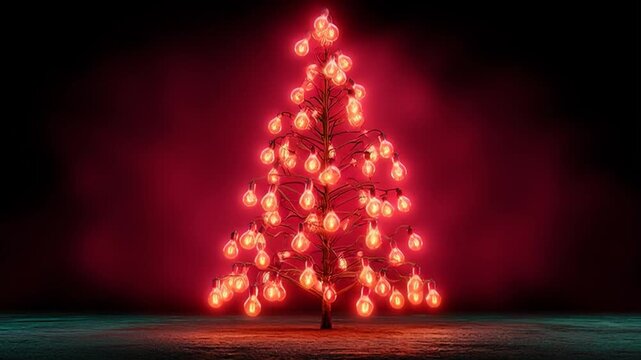 A video shows a Christmas tree decorated with red,  glowing lights, standing on a flat red surface against an empty background, evoking a festive yet elegant holiday vibe.