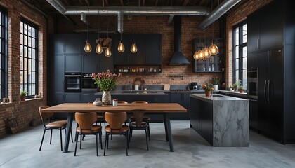A bold, industrial-style kitchen and dining area featuring matte black cabinetry, raw concrete countertops, and exposed metal fixtures