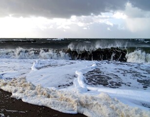 Stormy ocean waves crash on the shore