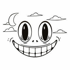 Minimilist cartoon face with large eyes and a wide toothy grin under a moon and cloud filled sky illustration vector