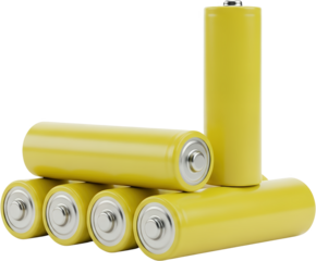 Five Yellow Cylindrical Batteries Stacked In A Cluster On A Transparent Background Isolate Battery Power Energy