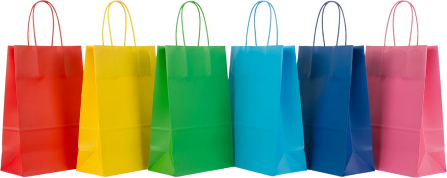 Six colorful paper shopping bags arranged in a line red yellow green light blue dark blue and pink paper bags transparent background
