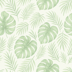 Monstera and Palm Leaves Light Green Background