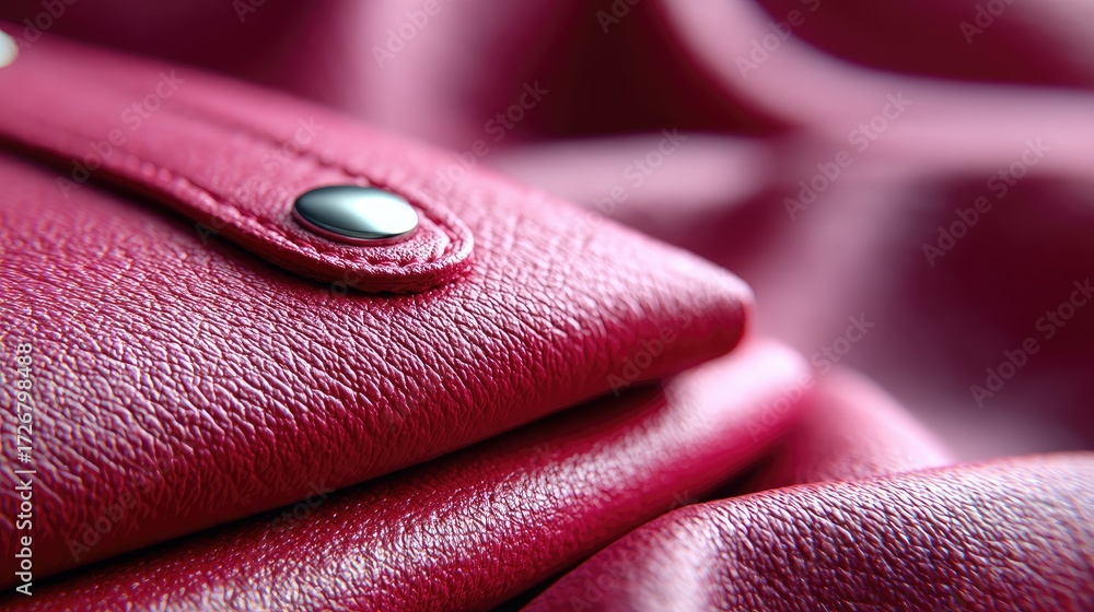 Wall mural detailed red leather texture abstract background with silver button and soft folds in soft lighting