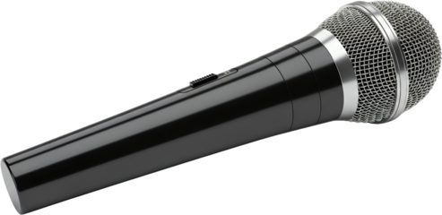 A Black Professional Microphone With A Silver Grille And On Off Switch On A Transparent Background Isolate