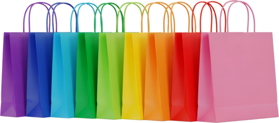 A row of colorful paper gift bags in rainbow gradient colors with handles isolated on black shopping bag transparent background